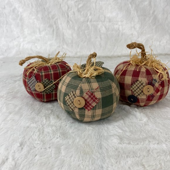 Plaid Gingham country fabric Apples set of 3 Farmhouse Fall Country Check Ornies - Picture 2 of 6